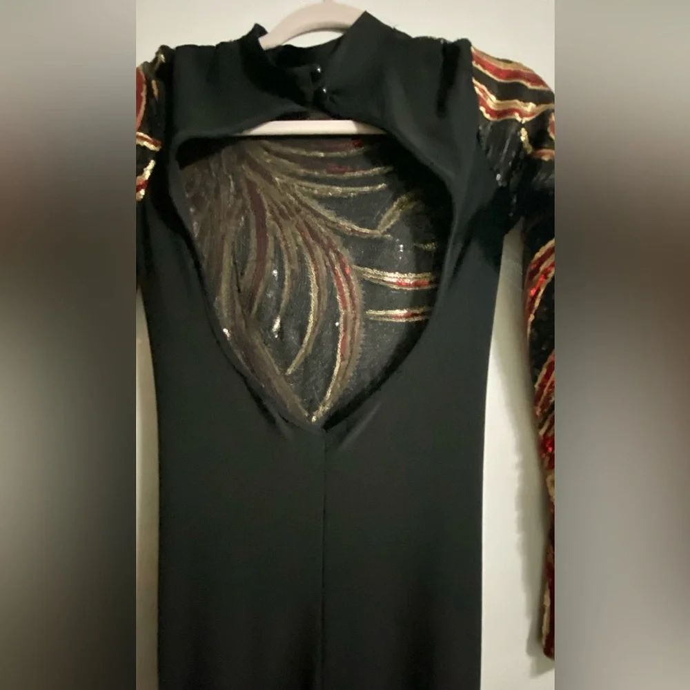 Sequence Open Back Black Red and Gold Long Sleeve Pant Bodysuit Womens Sz Small - Picture 6 of 8